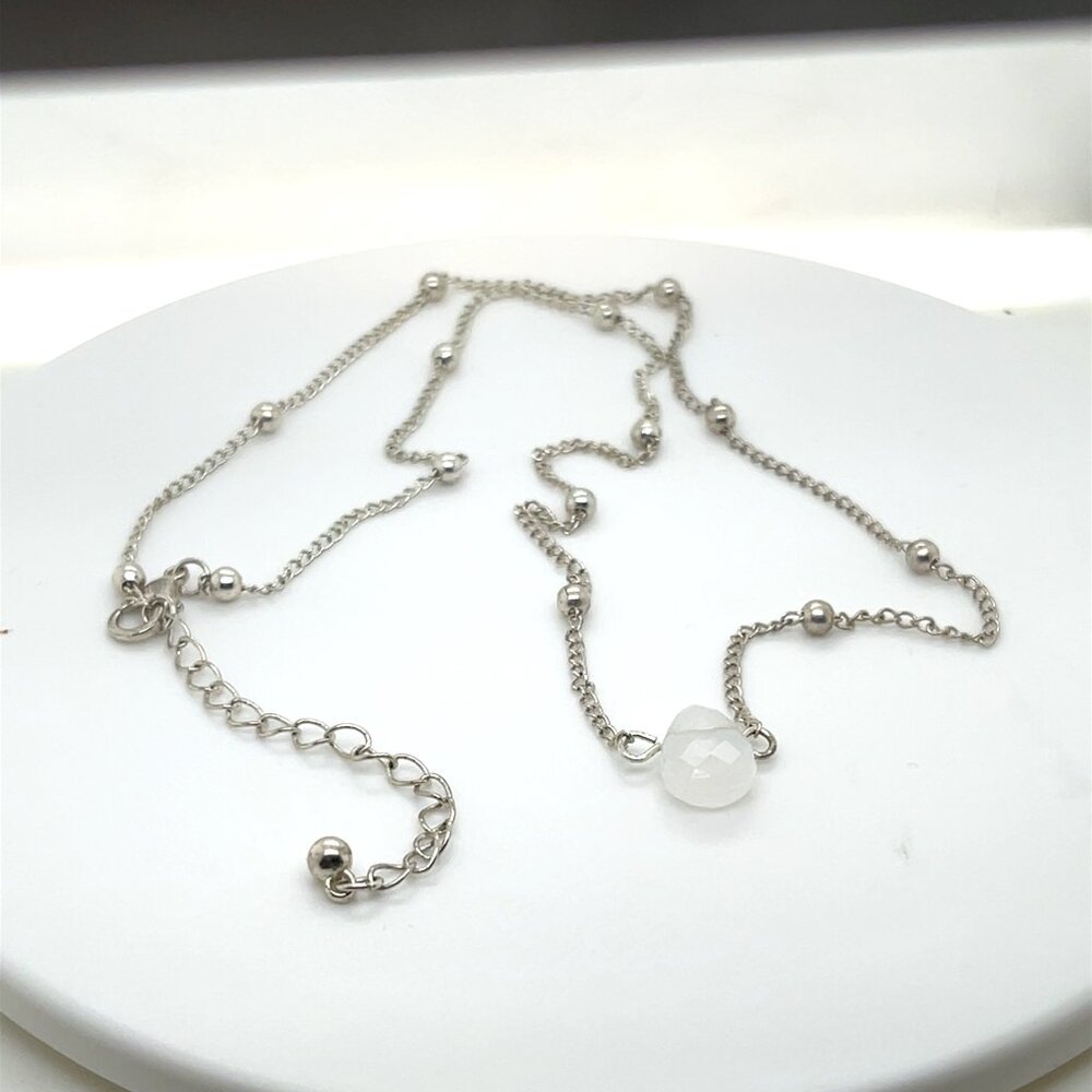 White Metal Beaded Necklace with White Pear Shape Stone